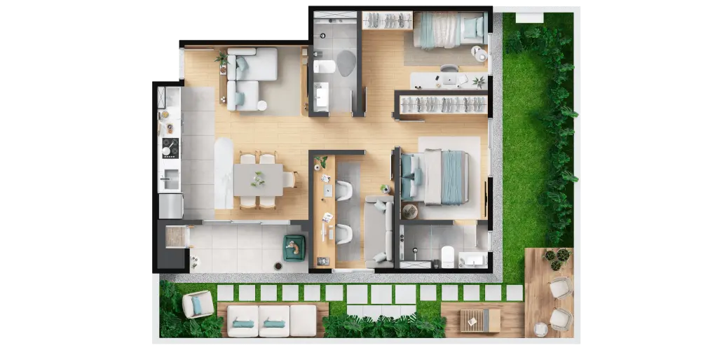 3 quartos com suíte › 64,19 m² + Garden privativo › 43,62 m²