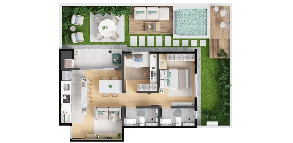 2 quartos com suíte › 53,20 m² + Garden privativo › 51,64 m²