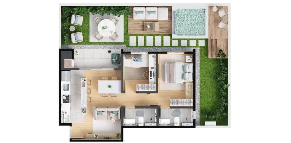 2 quartos com suíte › 53,20 m² + Garden privativo › 51,64 m²